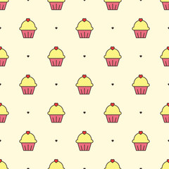 Seamless vector pattern. Candies motif. Cupcakes and hearts.