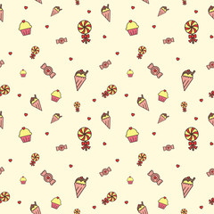 Seamless vector pattern. Candies motif. Cupcake ice cream lollipop.