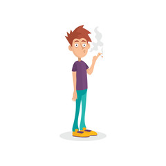 Young man standing and smoking cigarette. Guy with nicotine addiction. Unhealthy lifestyle concept. Bad habit. Cartoon male character. Flat vector illustration