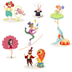 Characters in circus performers and animals in different actions. Carnival show. Set of decorative elements for poster, ticket, flyer or invitation. Flat vector design