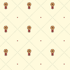 Seamless vector pattern. Candies motif. Lollipops hearts and dotted lines