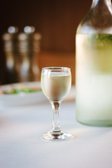 Shot of tequila in a glass at restaurant.