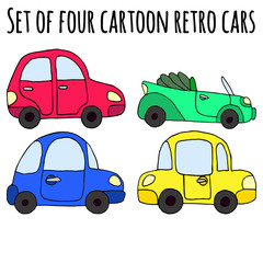 Set of four cartoon colorful retro car isolated on white backgro