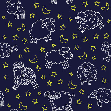 Seamless pattern with sheep in night. Can be used for textile, website background, book cover, packaging.