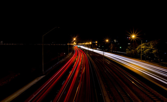 Light Trails On A Motorway At Night, Perth, Western Australia, Australia