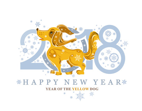 Cute yellow dog and snowflakes. New Years template. Dog, symbol of 2018 on the Chinese calendar.