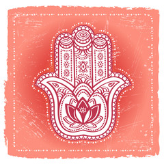 Indian hand hamsa on ethnic background. Ornate amulet for prints and posters