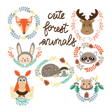 set of cute forest elements animals and plants