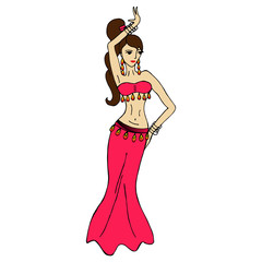Vector illustration with woman dancing belly dance in red. Desig