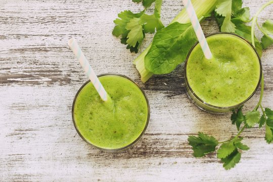 Green Spinach  celery smoothie or Juice top down view