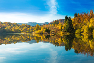 Mrzla vodica lake and Risnjak mountain, autumn landscape, Gorski kotar, Croatia 