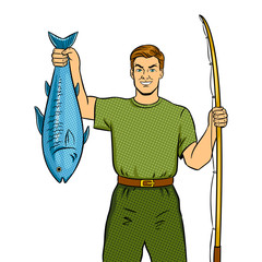Fisherman with fishing rod and fish pop art vector