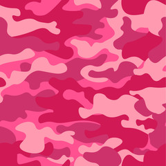 Camouflage seamless pattern background. Classic clothing style masking camo repeat print. Pink orchid rose ruby colors forest texture. Design element. Vector illustration. - obrazy, fototapety, plakaty