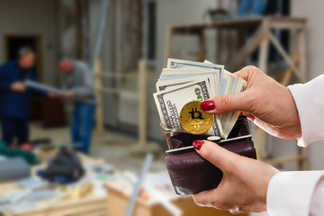 blur image of people fixing house wall for background usage bitcoin