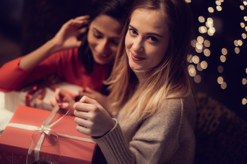 Two adolescent women going through the menue  in a fancy restaurant, while drinking a glass of red wine and laughing and talking, maybe gossiping