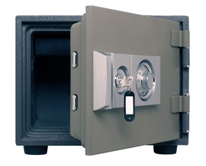 Metal safe with two mechanical locks.