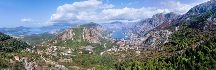 Panoramic aerial view on Kator bay and the city of Kotor. Montenegro.