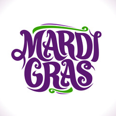 Vector poster for Mardi Gras Carnival, original decorative font for festive purple text mardi gras on white background, handwritten brush logo with flourishes for carnival in New Orleans Louisiana. - obrazy, fototapety, plakaty