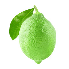 One whole lime with leaf isolated on white