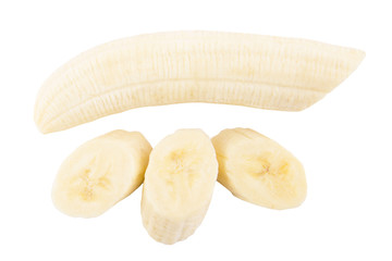 Isolated banana. Peeled banana slices isolated on white background