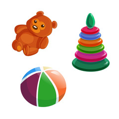 Set Cartoon vector toys - soft toy bear, ball and pyramid