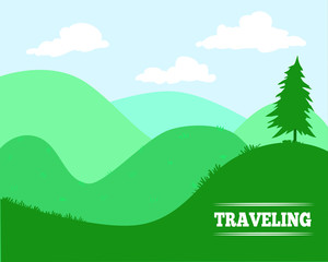 Vector Background  Cantoon  Green Hills  with text Traveling - for animation