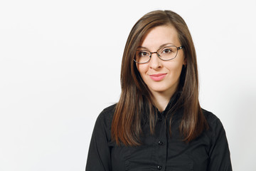 Beautiful happy caucasian young smiling brown-hair business woman in black classic shirt and glasses isolated on white background close up. Manager, worker, student. Copy space for advertisement.