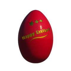 Red textured Easter egg isolated on white 3D illustration. Shiny gold stars and greeting text carving. Collection.