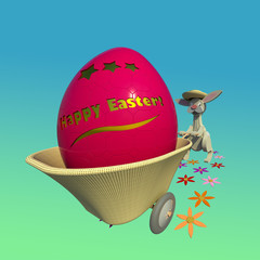 Happy Easter bunny drives basket wheelbarrow with Easter egg inside 3D illustration on gradient colorful green-blue background. Collection.