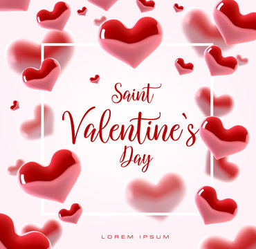 Valentine s day concept. Vector illustration. 3d colorful hearts with thin square frame. Cute love banner or greeting card. Place for your text