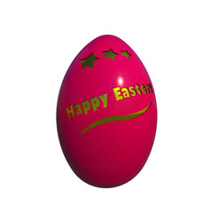 Magenta-red textured Easter egg isolated on white 3D illustration. Gold carved stars and greeting text. Collection.