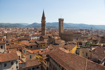 Fototapeta na wymiar Red roofs of Florence from Palazzo Vecchio in a sunny day, Tuscany, Italy.
