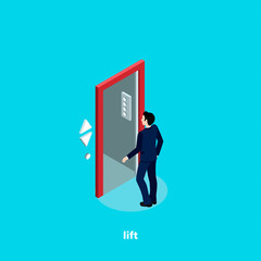 a man in a business suit enters an opened elevator, an isometric image © dimon_ua