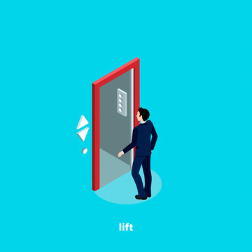 a man in a business suit enters an opened elevator, an isometric image