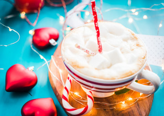 Christmas coffee with marshmallow in a red striped cup Christmas mood, new year, holidays, christmas,