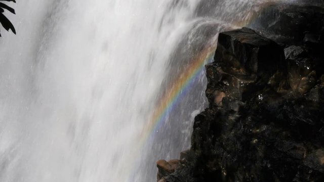 close up of a rainbow on the edge of ferguson falls on tasmania's popular overland track in cradle mountain np