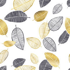 Vector nahtloses Muster mit handgezeichneten goldenen, schwarzen, weißen Aquarell- und Tintenblättern. Trendiges skandinavisches Design