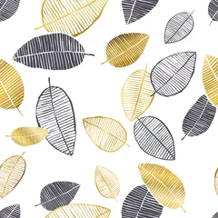 Behang Aquarel bladerprint Vector naadloos patroon met hand getrokken gouden, zwarte, witte waterverf en inktbladeren. Trendy Scandinavisch design
