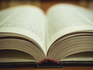 macro shot of the opened book on the table in the library