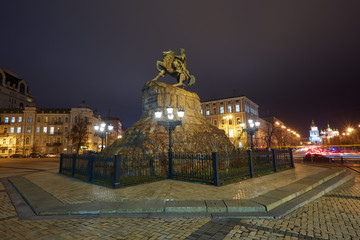 Fototapeta na wymiar Evening summer scenery of Sofia Square with Bohdan Khmelnytsky statue monument