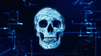 Concept of computer virus. Skull made of binary code. Animation ddos hacker attack.