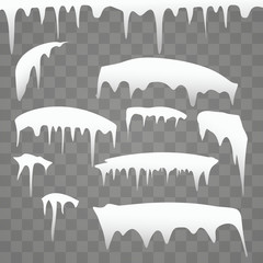 Set of realistic borders with snow and icicles on transparent background, vector illustration