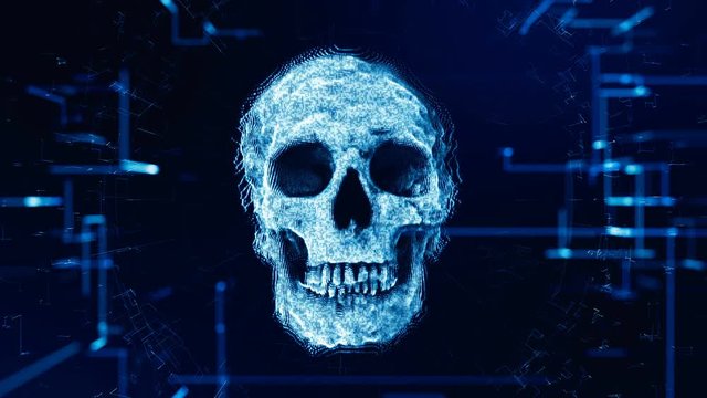 Concept of computer virus. Skull made of binary code. Animation ddos hacker attack.