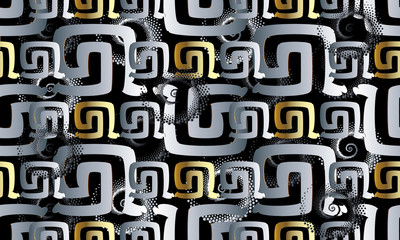 Modern abstract meander seamless pattern. Geometric vector background. 3d wallpaper. Ornate gold black silver design with geometric shapes, figures, halftones,  greek key ornaments. Surface texture.