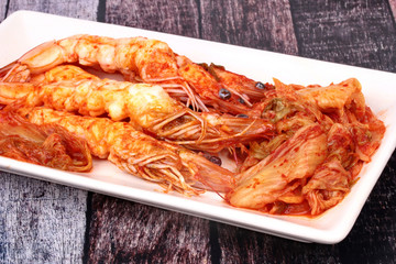 Korean food,Fried Baechu Kimchi with prawn.