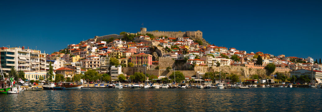 Panoramic shot of the city of Kavala in Greece. Located in northern Greece, Kavala is the main seaport of eastern Macedonia