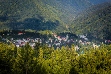 Wide angle view of the Sinaia village in the Transylvanian countryside, Romania 