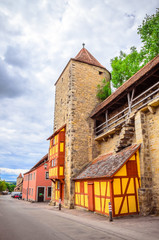 Beautiful streets in Rothenburg ob der Tauber with traditional German houses, Bavaria, Germany