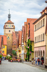 Beautiful streets in Rothenburg ob der Tauber with traditional German houses, Bavaria, Germany