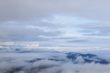 High mountain landscape, white cloud and fog with copy space.